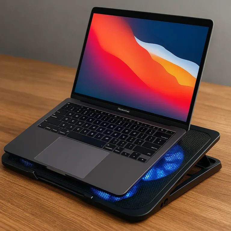 A MacBook Pro laptop resting on a black cooling pad with blue LED fans on a wooden desk, screen displaying a colorful gradient wallpaper.