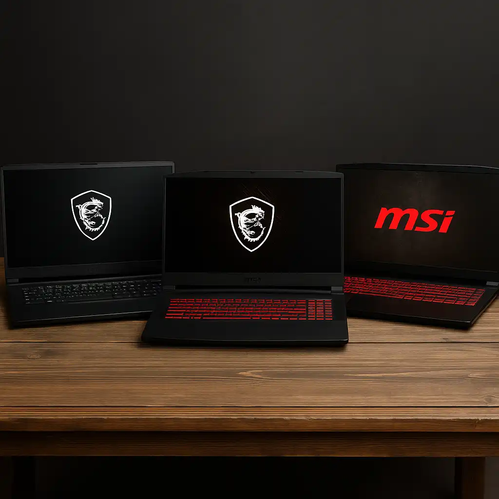 Three MSI 17-inch gaming laptops with vibrant screens and RGB-lit keyboards, positioned on a sleek black desk in a modern gaming setup.
