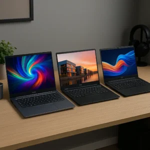 A high-resolution digital photograph showcases three MSI laptops side by side, highlighting sleek designs and professional aesthetics, ideal for video editing tasks.