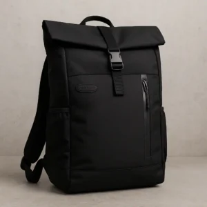 A high-resolution photograph features a black Timbuk2 backpack resting on a modern wooden table, with soft natural light highlighting its sleek, functional design.