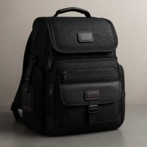 A photograph showcases a black TUMI backpack positioned against a simple, neutral background, highlighting its sleek and durable design.