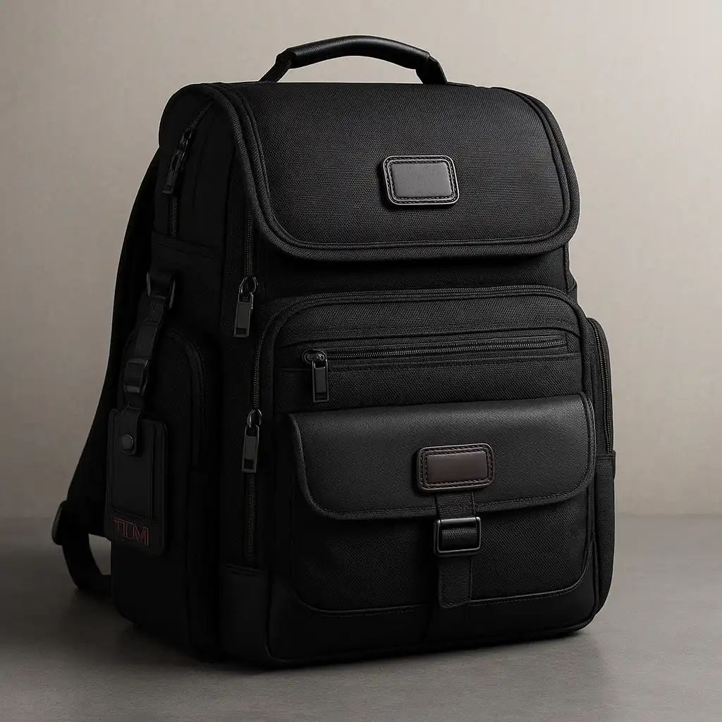 A photograph showcases a black TUMI backpack positioned against a simple, neutral background, highlighting its sleek and durable design.