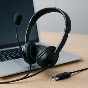 Wired over-the-head USB headset with microphone placed on a wooden desk near a laptop.