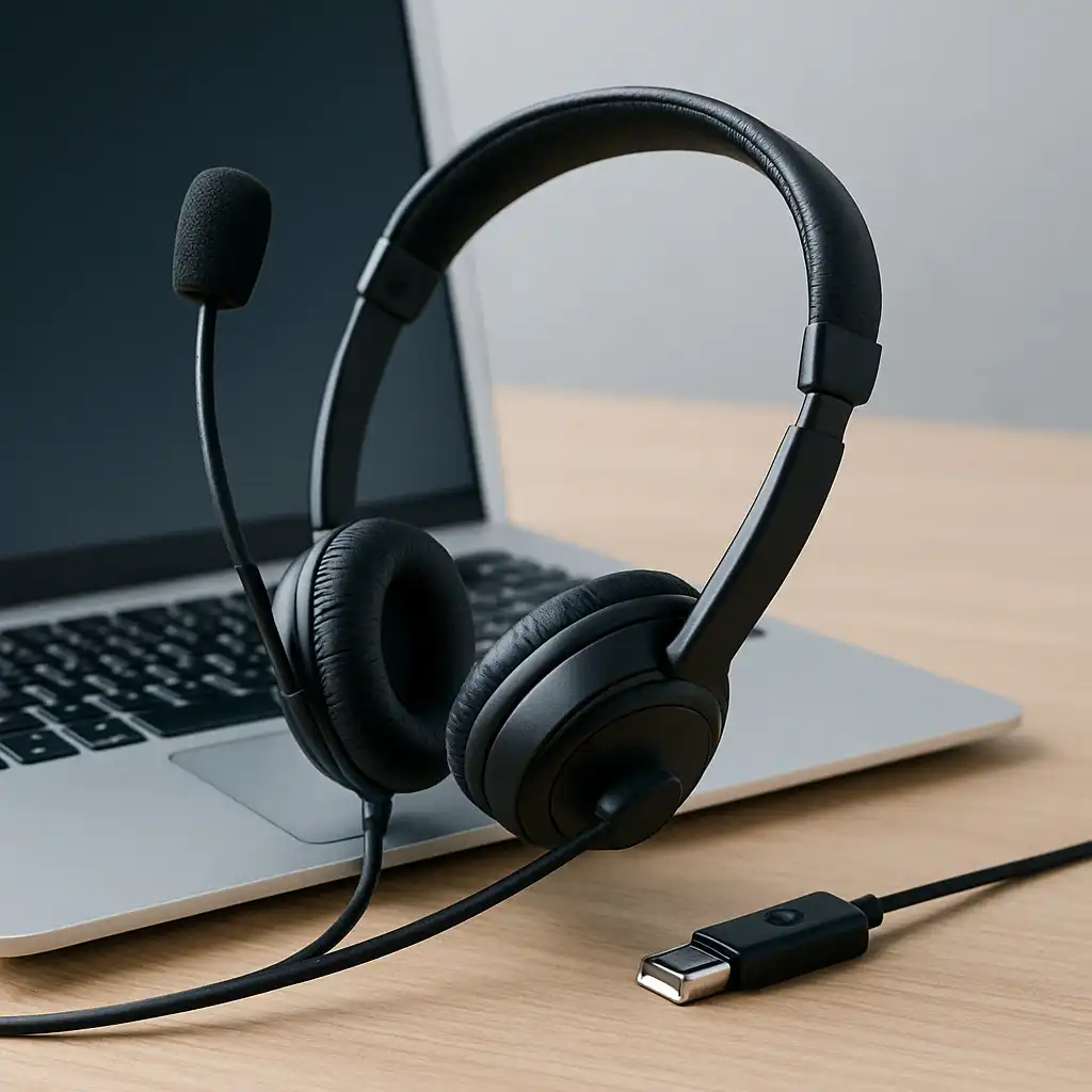 Wired over-the-head USB headset with microphone placed on a wooden desk near a laptop.