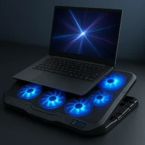 A high-resolution digital photograph features a sleek black laptop cooling pad designed for 17-inch gaming laptops, equipped with multiple glowing cooling fans and a sturdy base, placed on a modern desk.