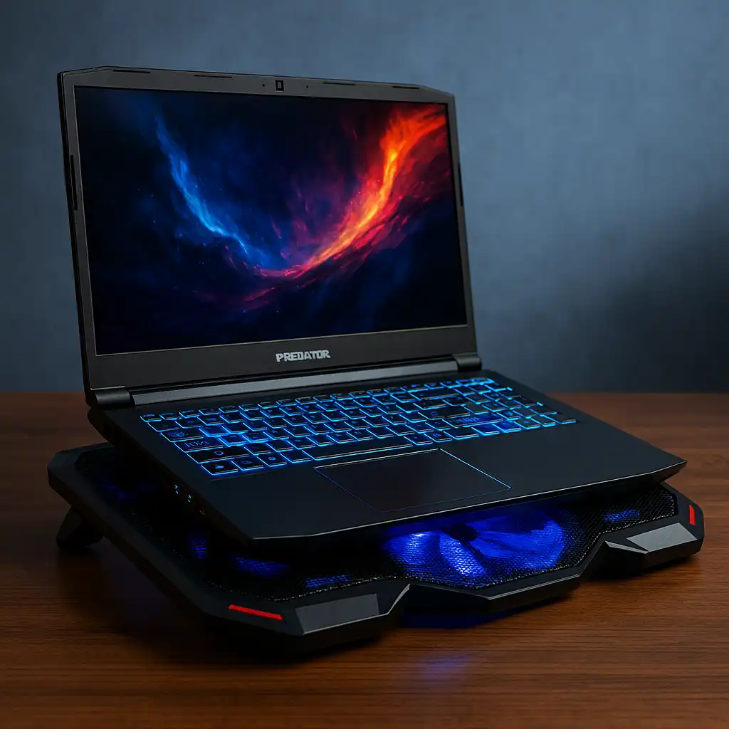 A digital photograph showcases a gaming laptop with vivid display colors resting on a cooling pad with glowing blue fans, set on a wooden desk against a textured wall.