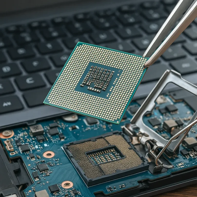 A close-up of a laptop CPU being held with tweezers above a motherboard, showing detailed gold pins and electronic components.
