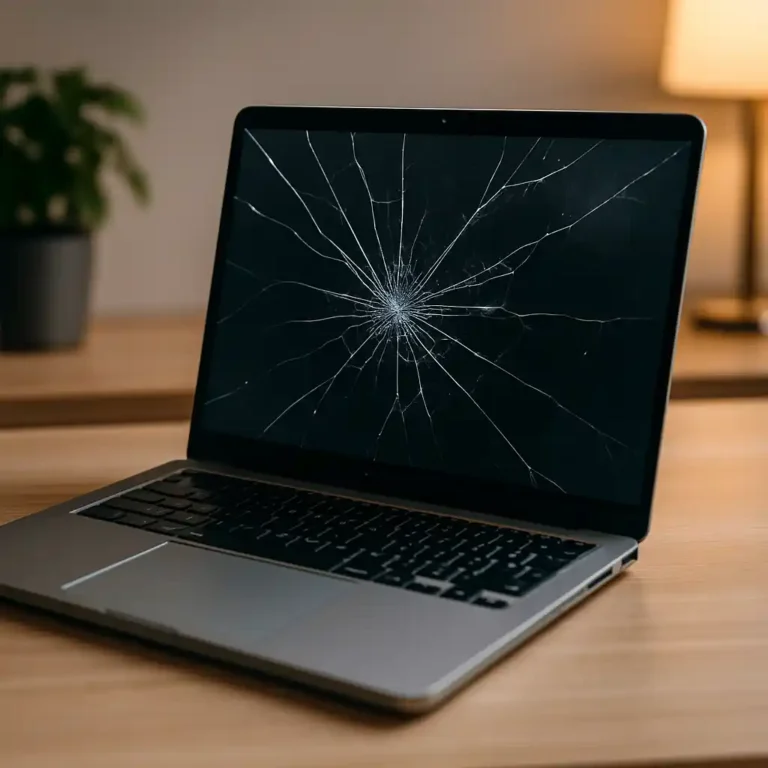 A close-up image of a modern laptop with a visibly cracked screen resting on a wooden desk beside a smartphone and repair tools.