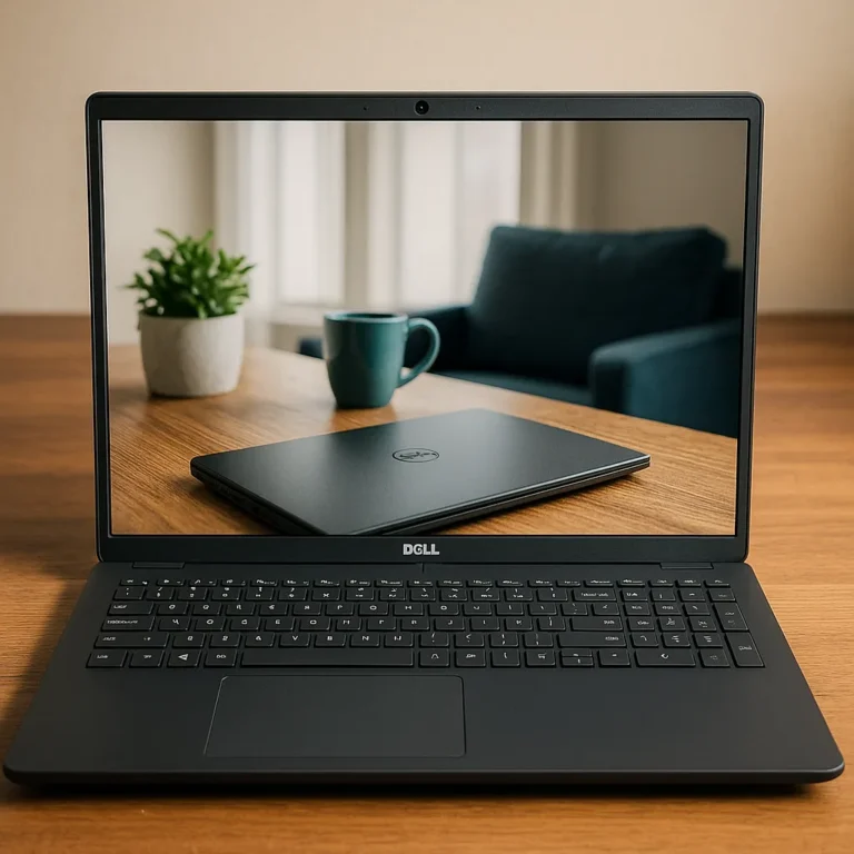 A sleek Dell Inspiron 15 laptop with a matte black finish, sitting on a wooden desk next to a green plant and a teal coffee mug, in a cozy, modern interior.