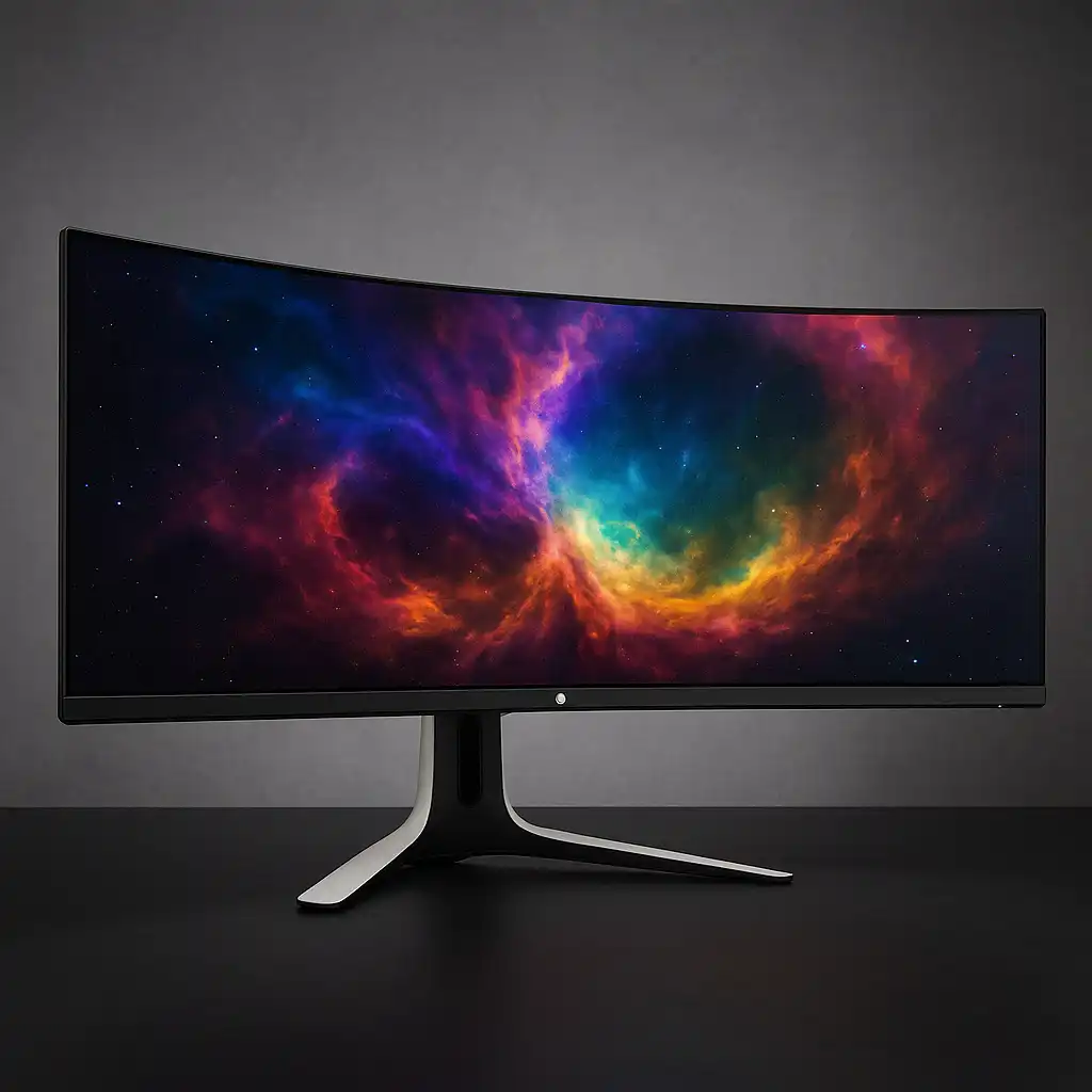 Curved Alienware AW3423DWF gaming monitor displaying a vibrant colorful nebula on screen with a sleek modern stand.