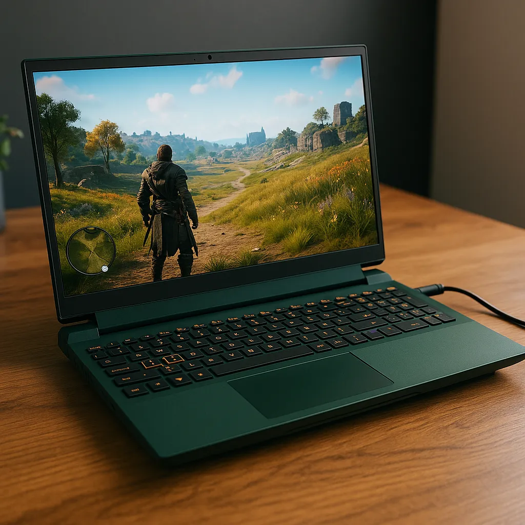 A green Dell gaming laptop placed on a wooden desk, displaying an open-world RPG game with a character standing in a scenic landscape.