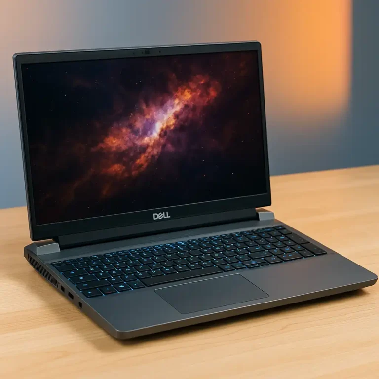 A high-resolution image of the Dell G16 7630 gaming laptop on a desk, featuring a backlit keyboard, metallic finish, and immersive QHD+ display.