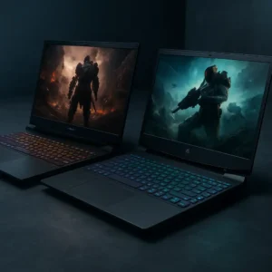 Two gaming laptops from Dell and HP side by side on a desk setup, highlighting their design and performance build