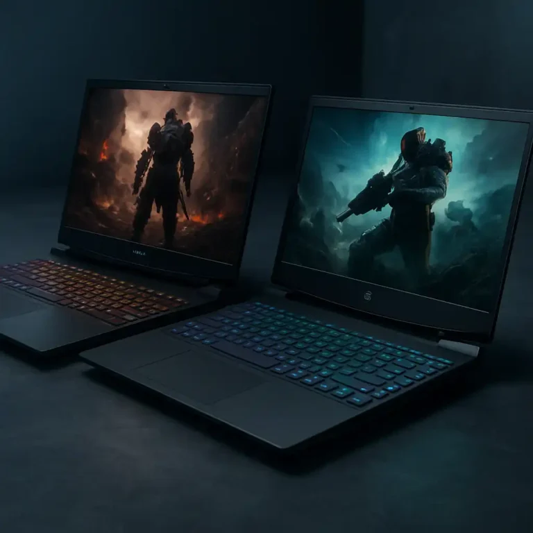 Two gaming laptops from Dell and HP side by side on a desk setup, highlighting their design and performance build