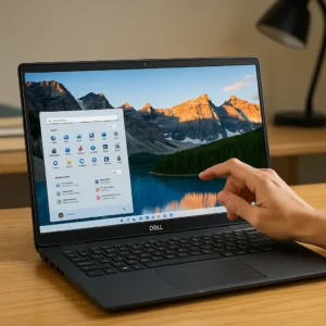 A Dell laptop with a 15.6-inch touchscreen display on a wooden desk, showing a Windows 11 home screen with a mountain landscape background. A hand is interacting with the screen in a cozy modern workspace.