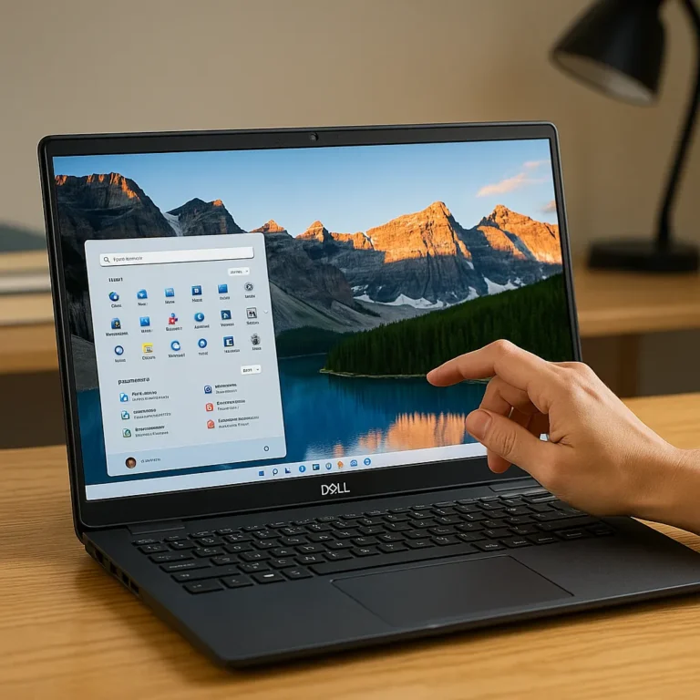 A Dell laptop with a 15.6-inch touchscreen display on a wooden desk, showing a Windows 11 home screen with a mountain landscape background. A hand is interacting with the screen in a cozy modern workspace.