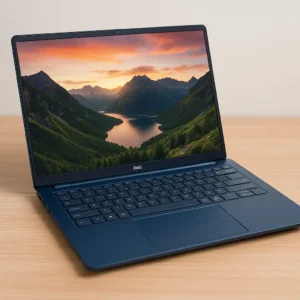 A digital photograph showcases a Dell Inspiron 16 5645 laptop placed on a modern desk, with its sleek midnight blue chassis open to reveal a vibrant 16:10 display.