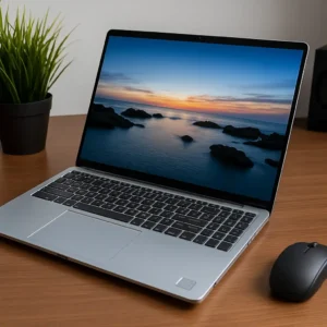 A Dell Inspiron 16 Intel Evo platform laptop on a wooden desk, open and powered on, with a modern minimalist workspace in the background.