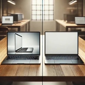 Two laptops side by side on a wooden table, one new and one visibly used, showing wear on its screen and keyboard.