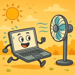 A playful, cartoon-style illustration of a smiling laptop walking toward a cooling pad with sun and heat waves in the background.