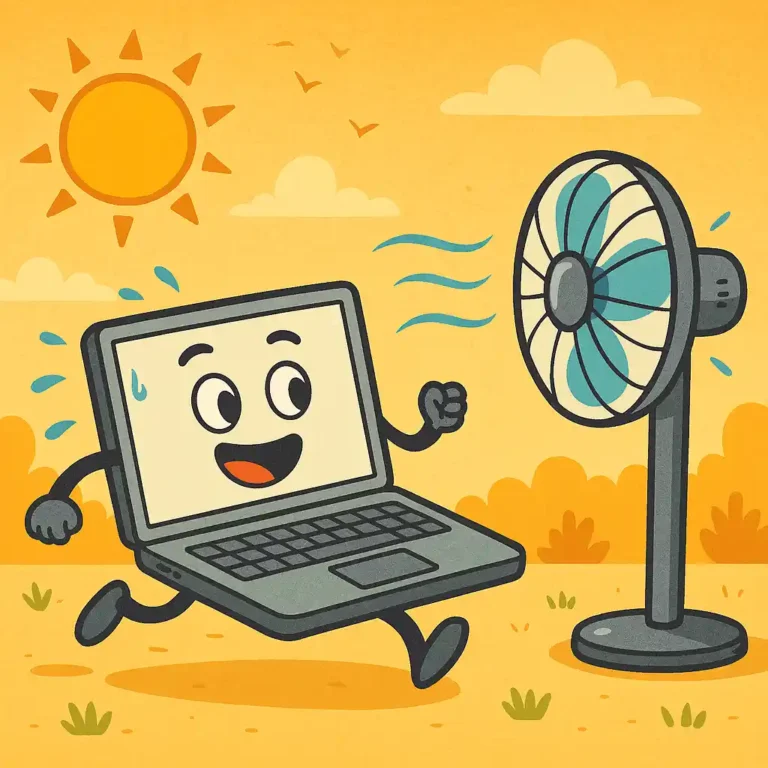 A playful, cartoon-style illustration of a smiling laptop walking toward a cooling pad with sun and heat waves in the background.
