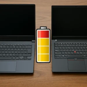 A high-resolution photo showing a gaming laptop and a normal laptop side by side, each with a visible battery level indicator on screen, highlighting battery life differences.