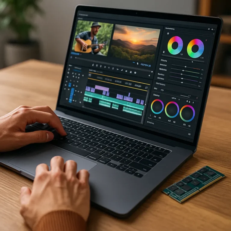 A photograph captures a close-up scene of video editing on a laptop, with hands on the keyboard and colorful editing software on screen.
