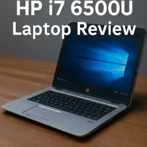 An HP EliteBook laptop with an Intel Core i7-6500U processor displayed on a wooden desk, showing the Windows 10 home screen and a sleek silver chassis.