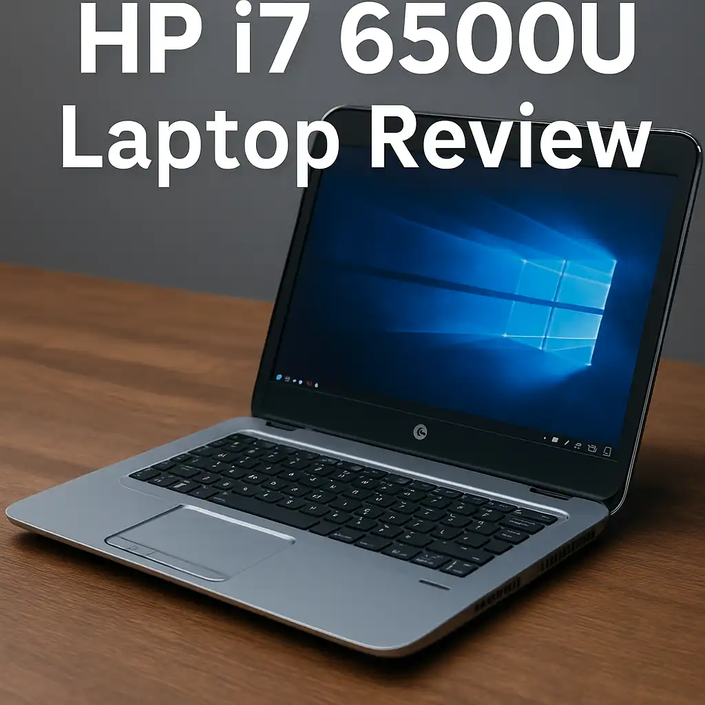 An HP EliteBook laptop with an Intel Core i7-6500U processor displayed on a wooden desk, showing the Windows 10 home screen and a sleek silver chassis.