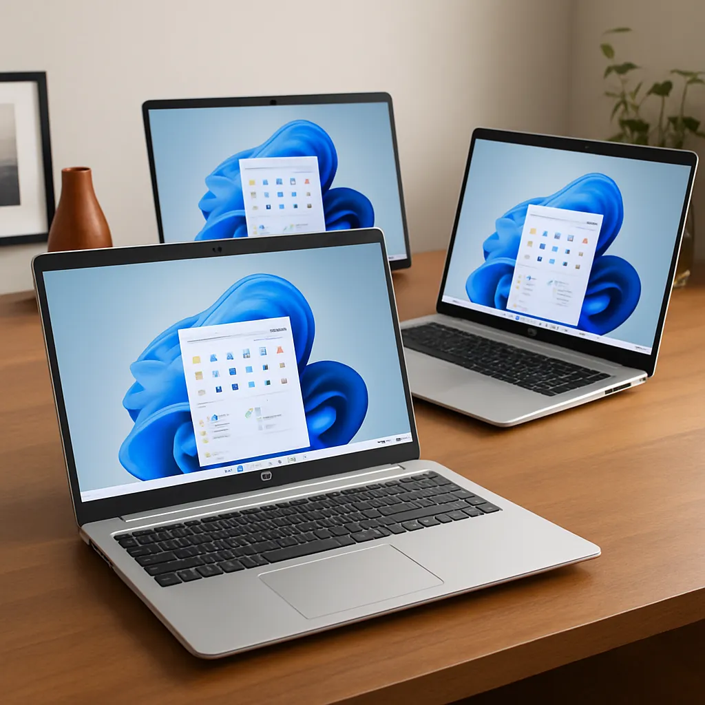 Three modern 17.3-inch HP laptops with silver finishes, open on a wooden desk, each displaying Windows 11 on their screens in a bright, minimalist workspace.