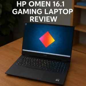 A digital photograph showcases an HP Omen 16.1 gaming laptop on a desk with a glowing RGB keyboard, displaying a game dashboard on screen in a dimly lit, modern gaming setup.