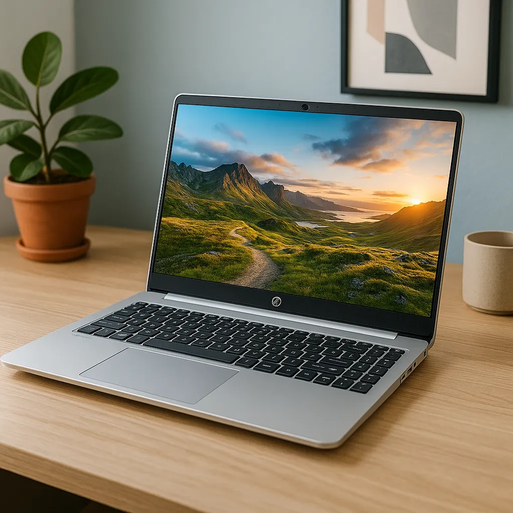 A modern HP Pavilion laptop with a silver chassis and 15.6-inch display, placed on a wooden desk in a cozy, minimal workspace, screen showing a scenic mountain landscape.