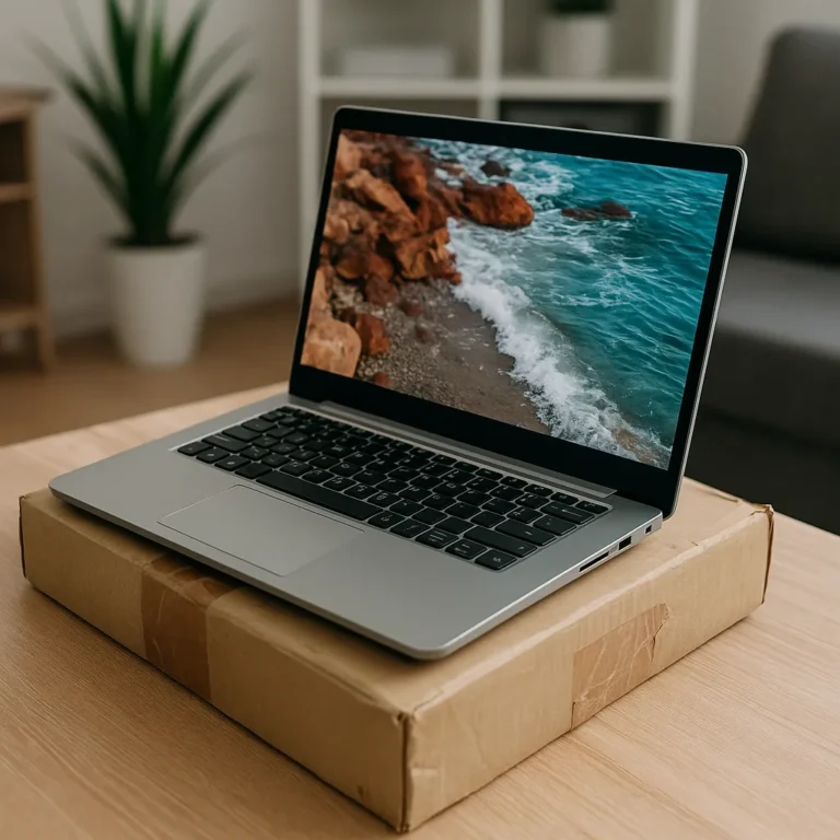 A photograph showcases an open silver laptop in the foreground, placed on top of a cardboard box on a wooden desk, with a vibrant ocean image on the screen and a modern living room setup in the background.