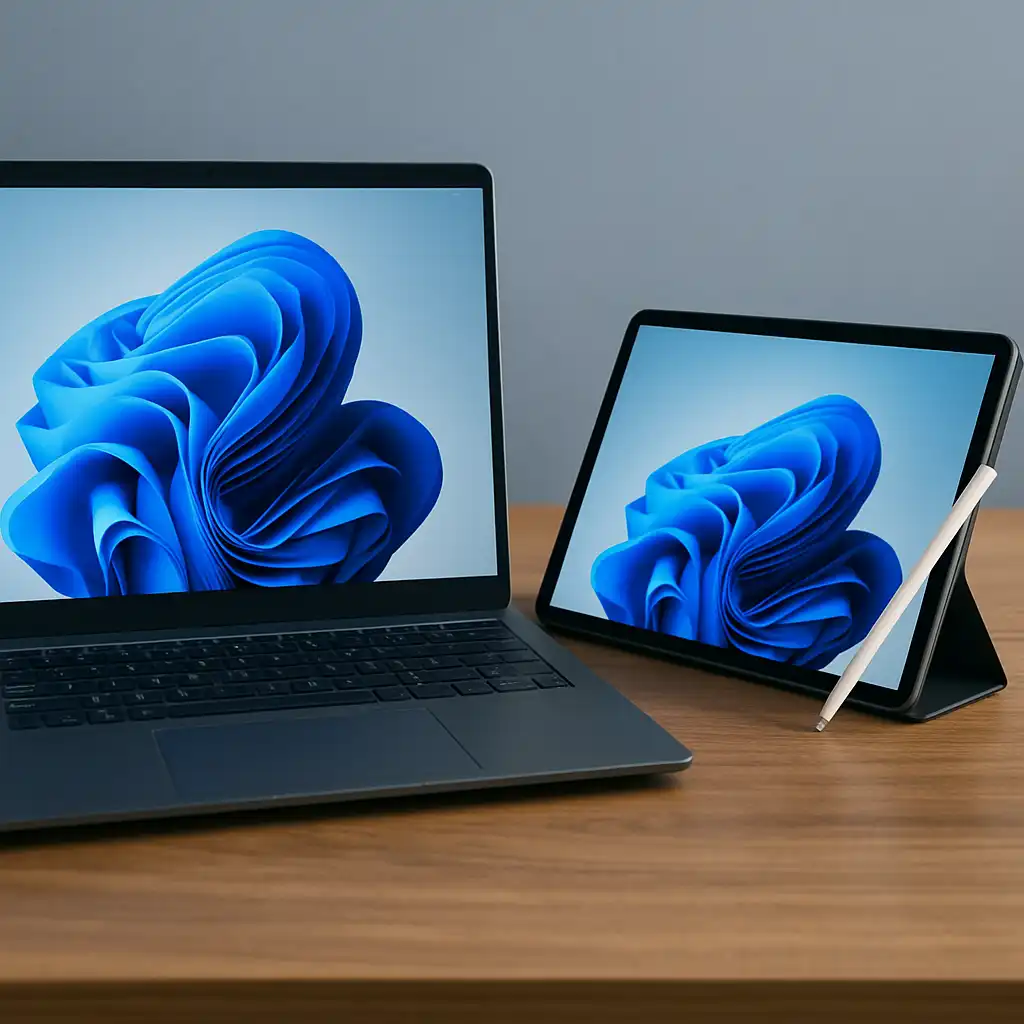 A high-resolution image of a modern laptop and a tablet placed side by side on a minimalist desk, showcasing a comparison of both devices in a bright, well-lit workspace.