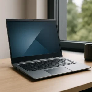 A Lenovo ThinkPad workstation laptop open on a stylish desk, highlighting its sleek and powerful build for professionals.