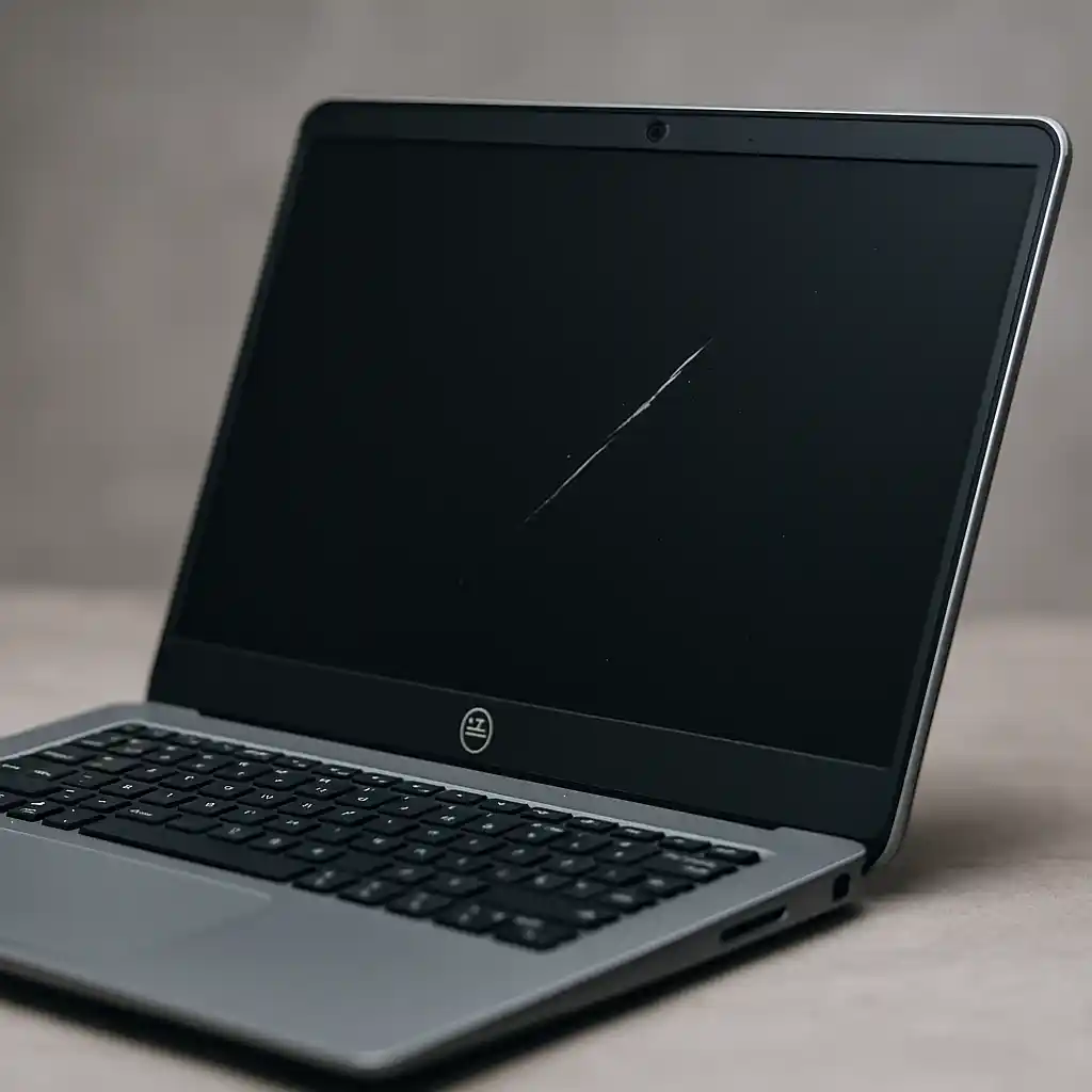 A modern laptop with a minor scratch on the screen, placed on a wooden desk in natural lighting.
