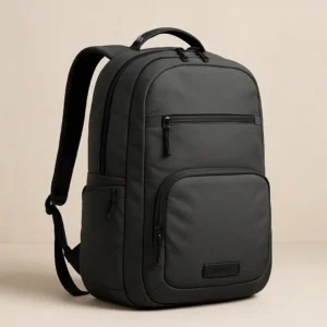 A digital photograph features a sleek, charcoal gray Timbuk2 Q Laptop Backpack 2.0 displayed against a minimalist background.