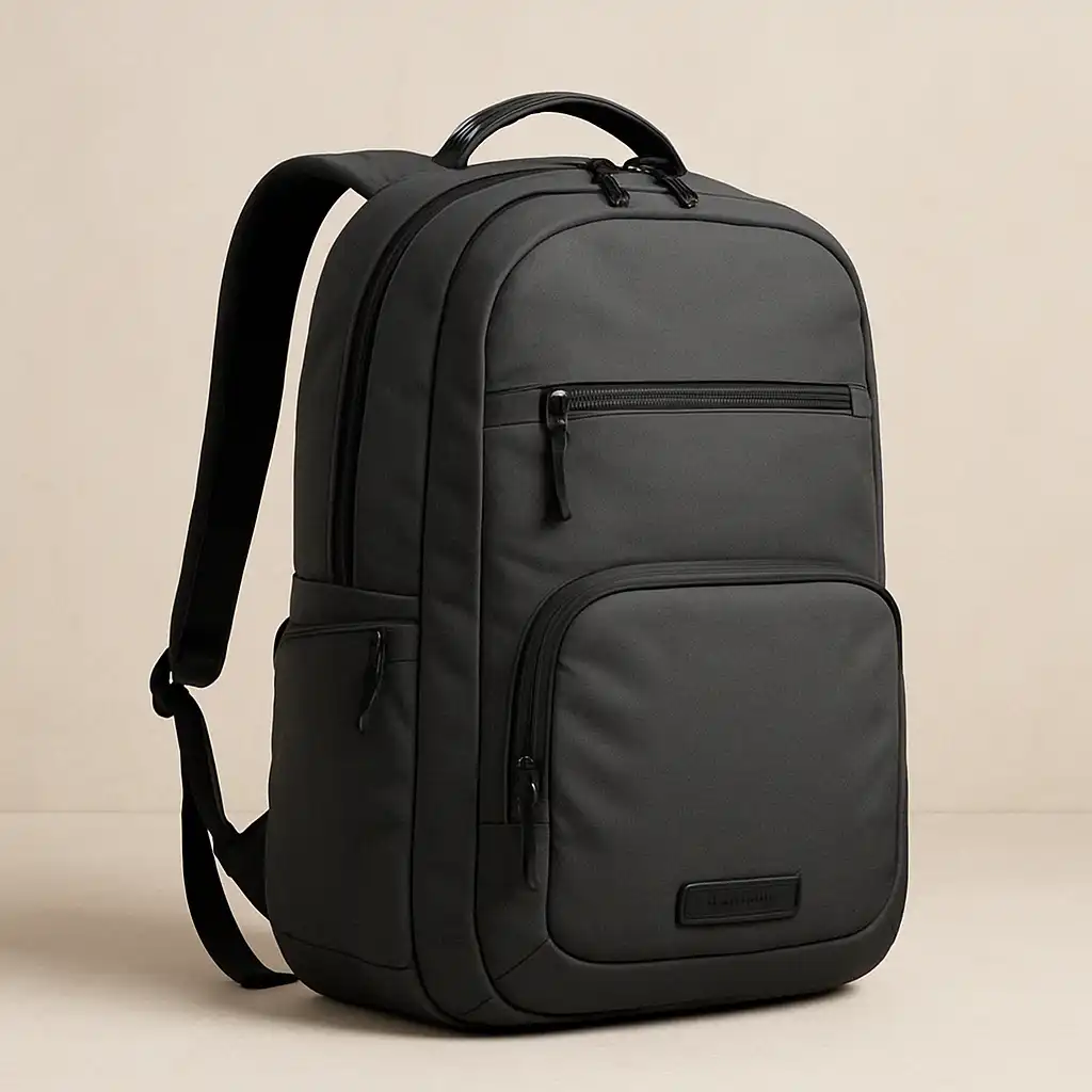 A digital photograph features a sleek, charcoal gray Timbuk2 Q Laptop Backpack 2.0 displayed against a minimalist background.
