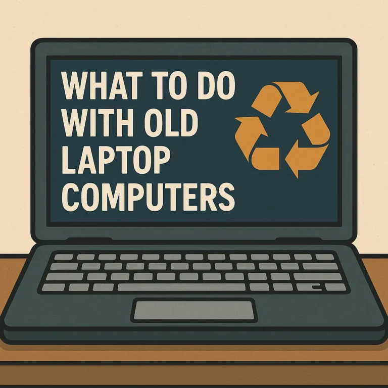 An old dark gray laptop sitting on a wooden surface, screen off, with visible keyboard and worn appearance, representing recycling or repurposing old computers.