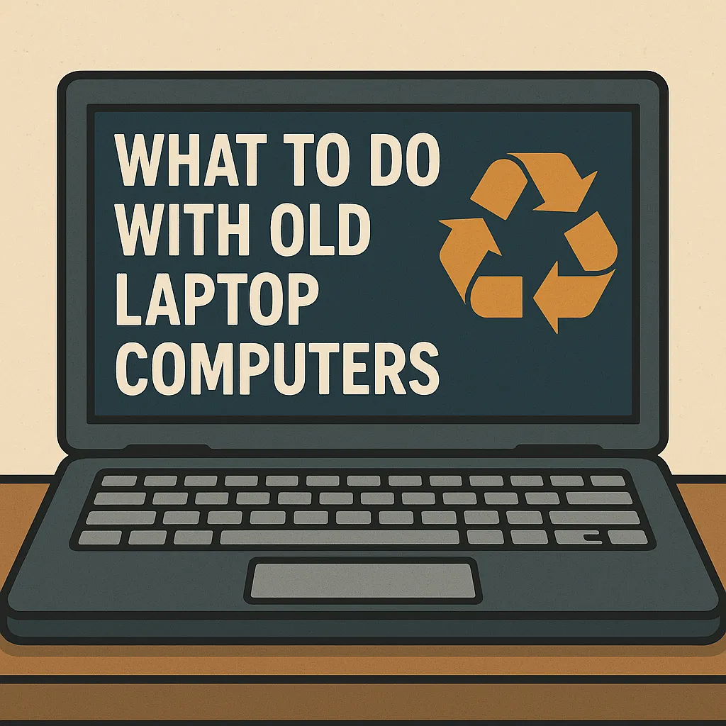 An old dark gray laptop sitting on a wooden surface, screen off, with visible keyboard and worn appearance, representing recycling or repurposing old computers.