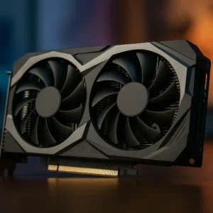 A dual-fan graphics card with a matte black and silver design, standing upright on a wooden surface with a colorful blurred background.