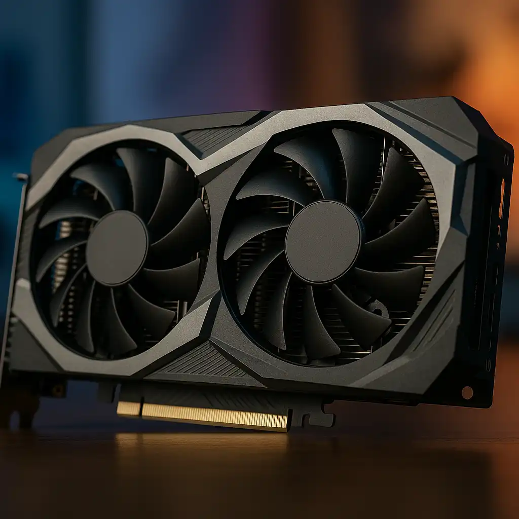 A dual-fan graphics card with a matte black and silver design, standing upright on a wooden surface with a colorful blurred background.
