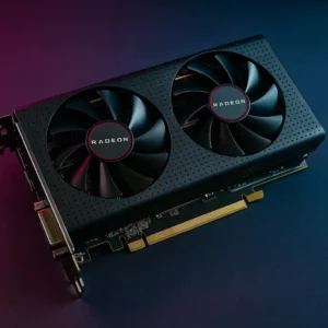 A dual-fan AMD Radeon RX 580 graphics card with a black perforated shroud and red accents, displayed on a gradient purple-blue background.