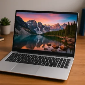 A digital photograph showcases a silver ANMESC 15.6-inch laptop on a wooden desk with natural light streaming through a window in the background.