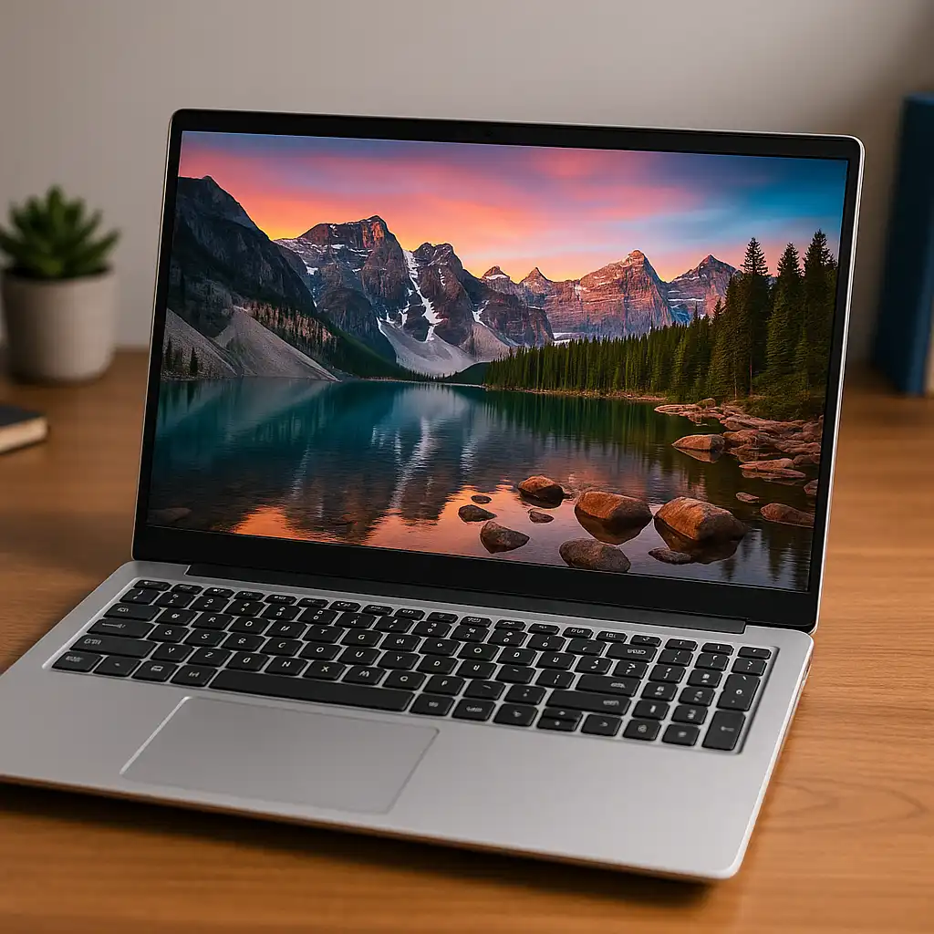 A digital photograph showcases a silver ANMESC 15.6-inch laptop on a wooden desk with natural light streaming through a window in the background.