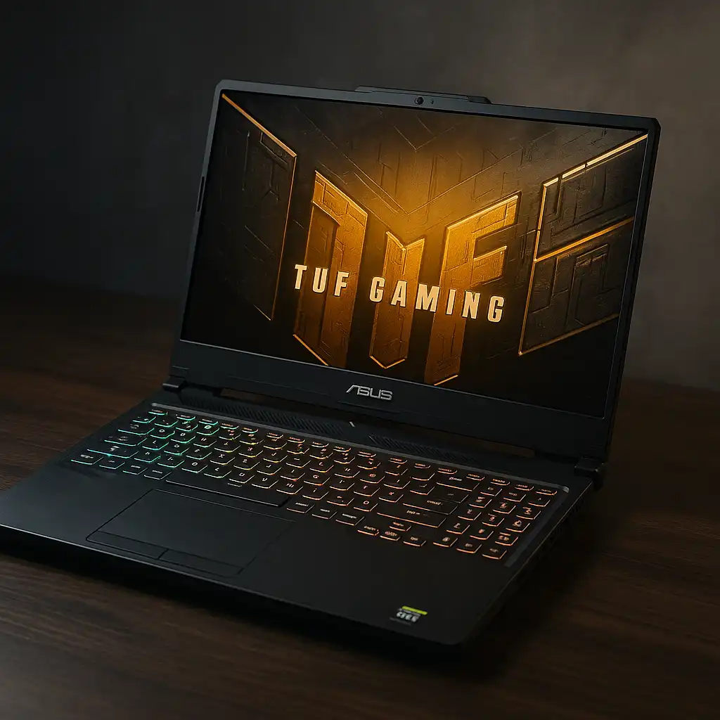An ASUS TUF Gaming laptop displayed on a dark wooden desk, featuring an RGB backlit keyboard and a bold golden TUF logo on its screen, set against a concrete background.