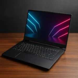 A sleek black gaming laptop resting on a wooden surface, with its screen displaying vibrant neon blue and magenta geometric light patterns against a dark background.