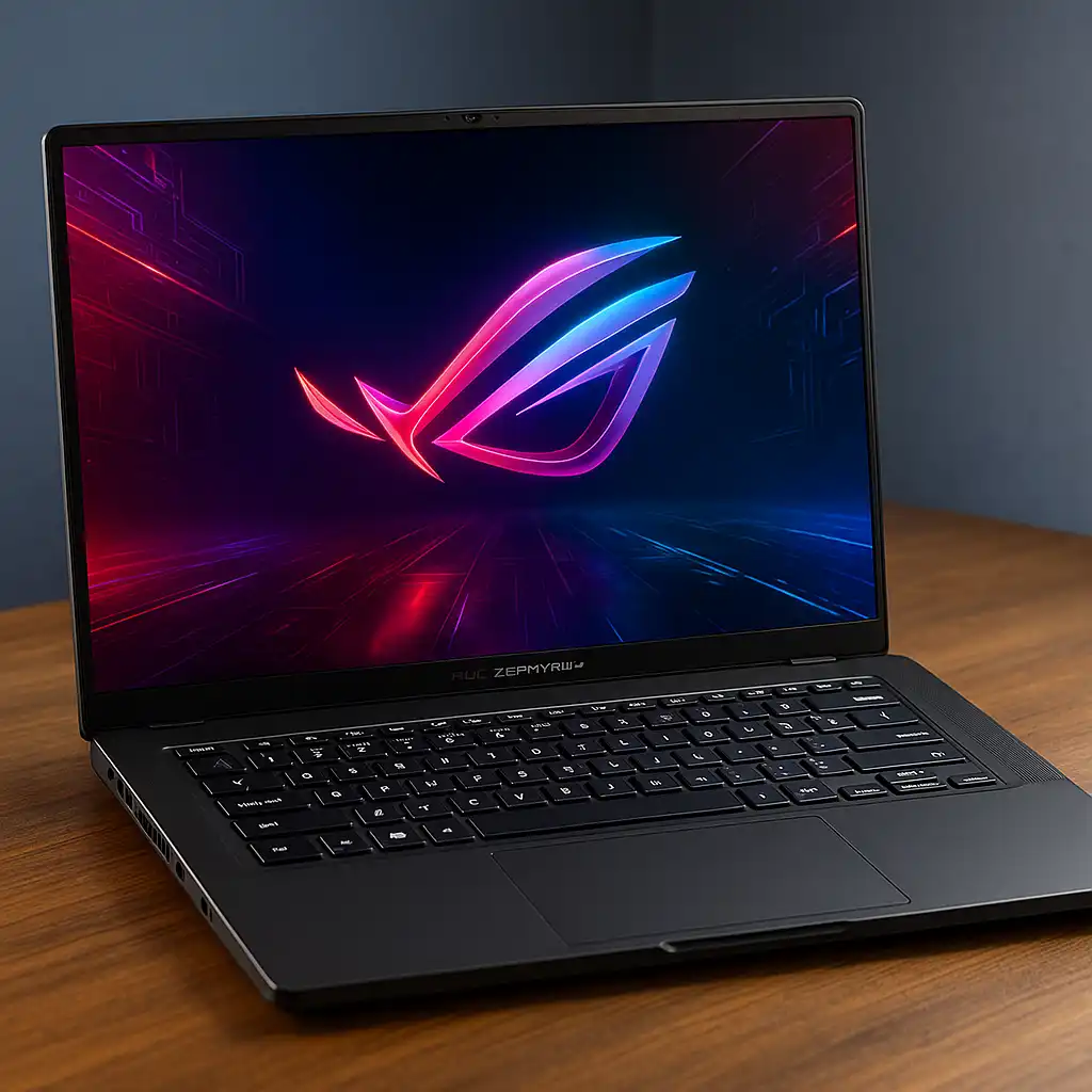 A digital photograph showcases an ASUS ROG Zephyrus G16 gaming laptop with a vibrant OLED display and sleek design, set on a dark surface alongside gaming peripherals.