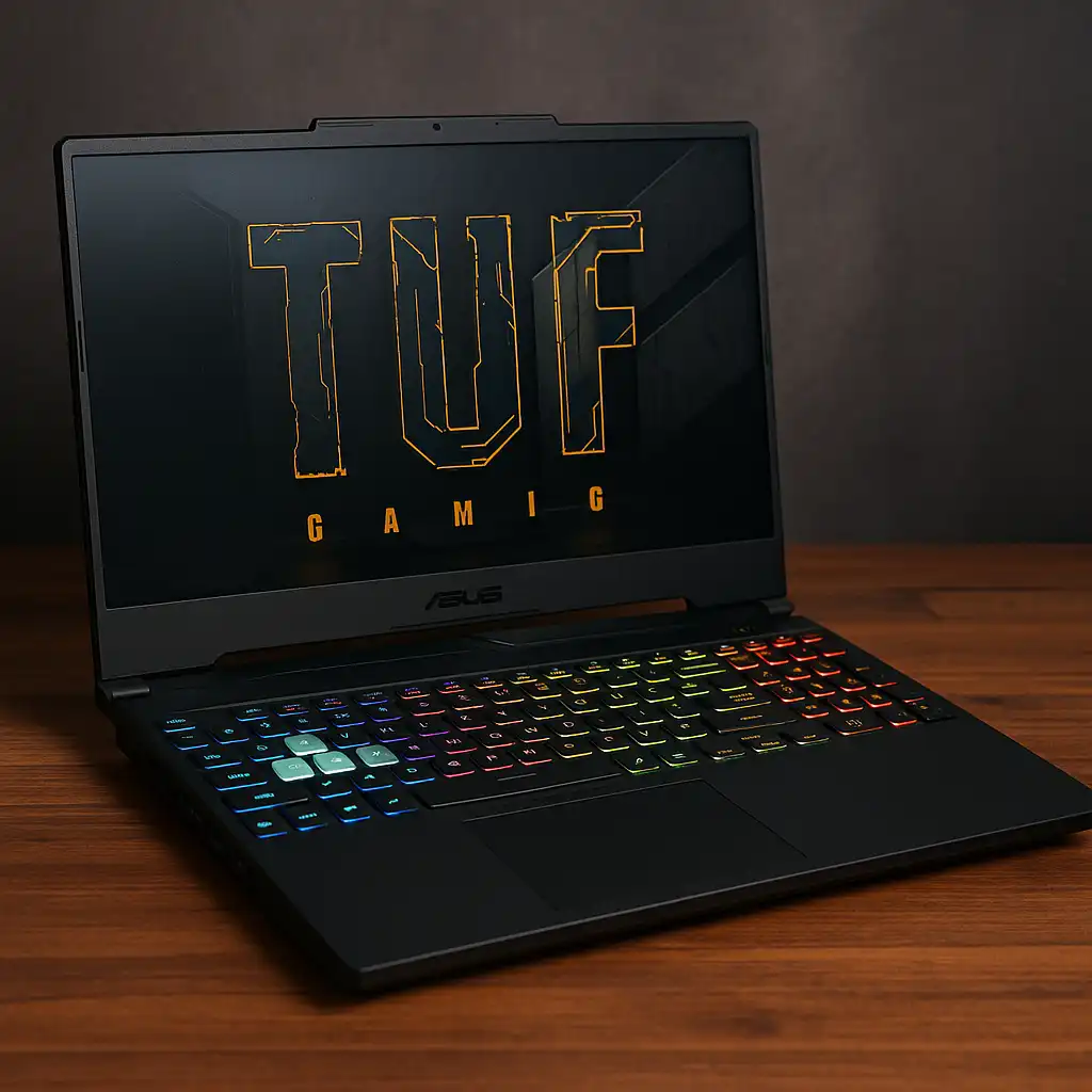 A digital photograph showcases an ASUS TUF Gaming laptop with a 15.6-inch display, backlit RGB keyboard, and sleek black chassis, positioned on a wooden desk under ambient lighting.