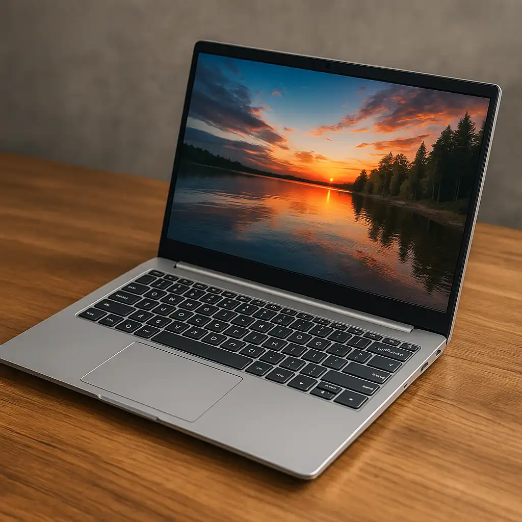 A modern silver laptop with a backlit keyboard sits on a wooden table, displaying a vivid lakeside sunset scene on its screen, against a soft gray background.